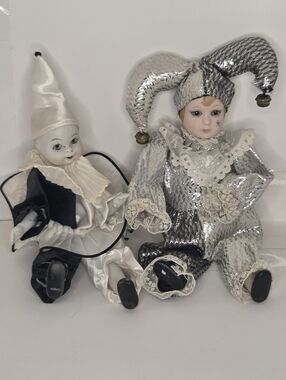 Silver & White Jester Dolls Set - Classic Clown Decorative Dolls